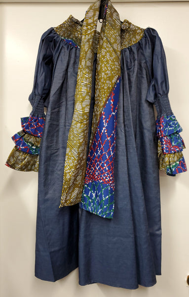 Ladies African Green/Blue Print Elastic Waist Denim Dress