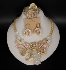 High Fashion Gold Plated with Rhinestone Rose Petals Necklace Set
