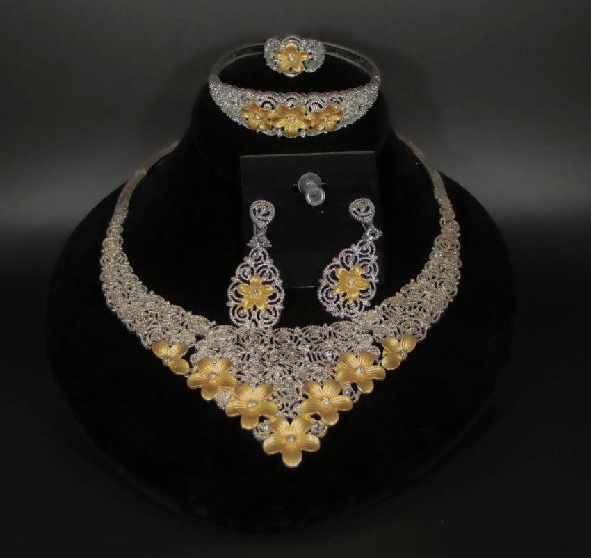 High Fashion Gold Plated with Rhinestone Yellow Floral  Necklace Set
