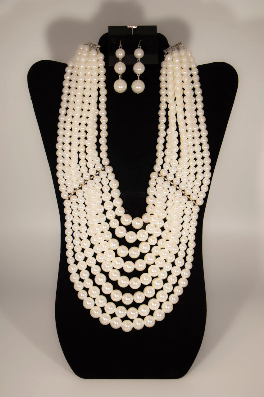 Ladies 2pc Multi Layer White Pearl Necklace Set