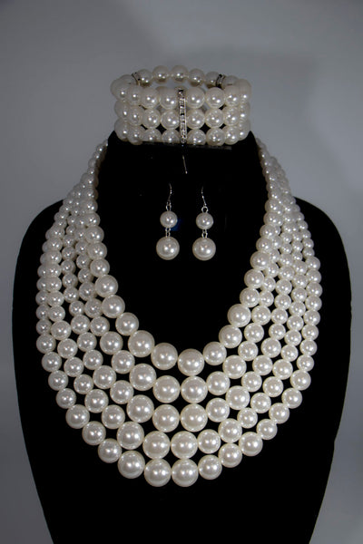 Ladies 3pc 5 Layers Pearl Necklace Set