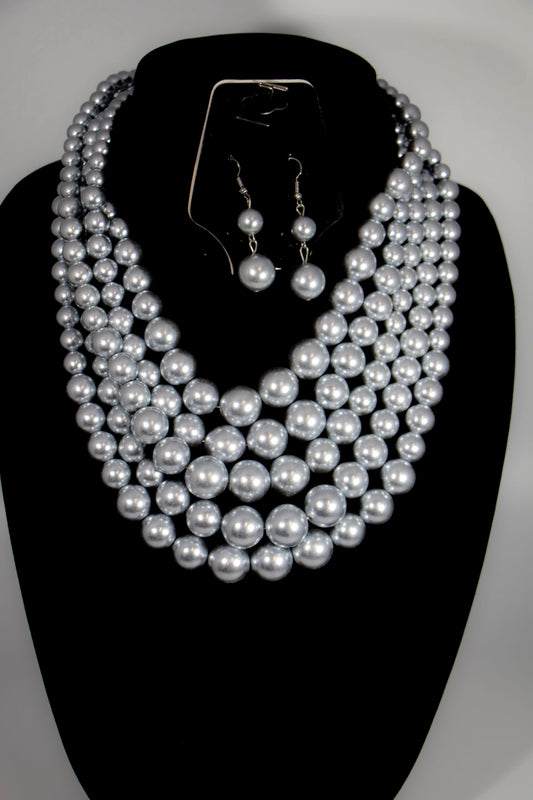 2pc 5 Layer Silver Pearl Necklace Set