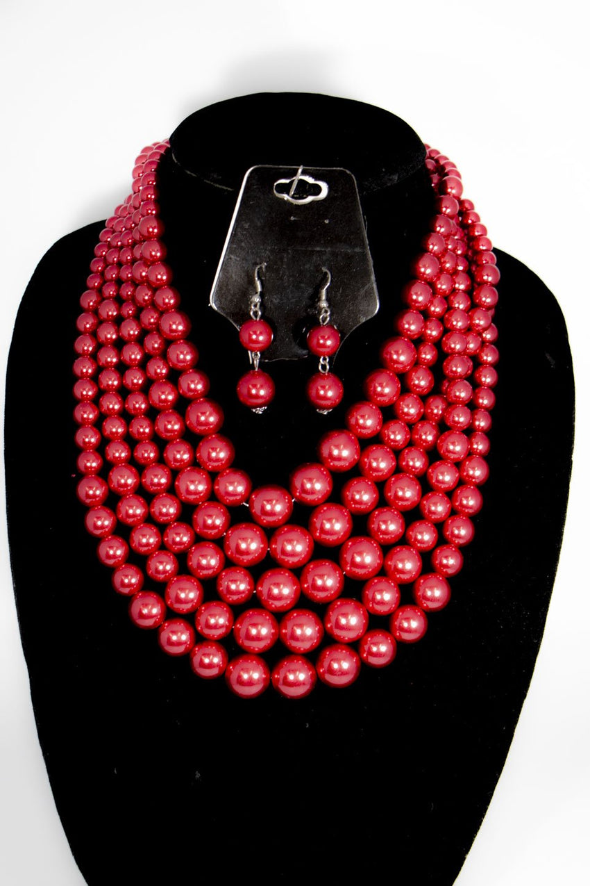 2pc 5 Layer Fuchsia Pearl Necklace Set
