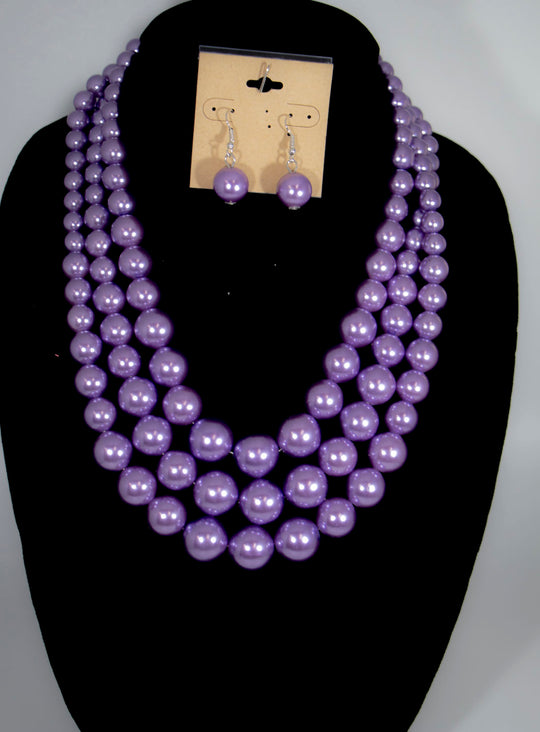 2pc 3 Layer Purple Pearl Necklace Set