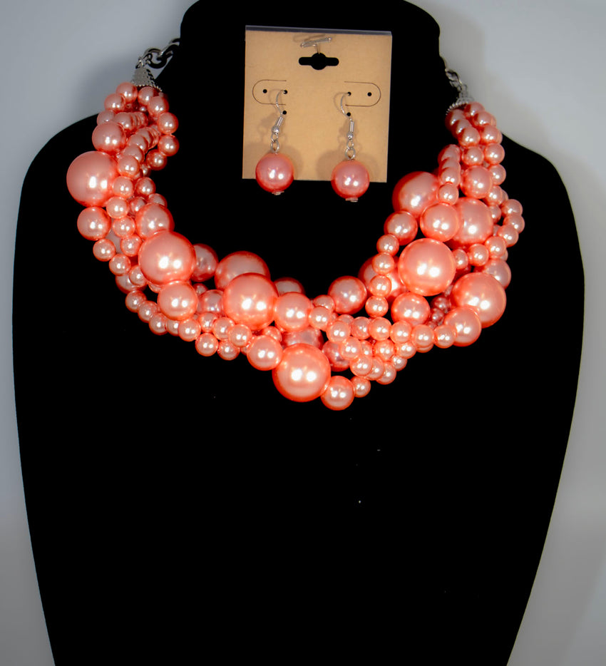 Peach Twisted Pearl Necklace Set