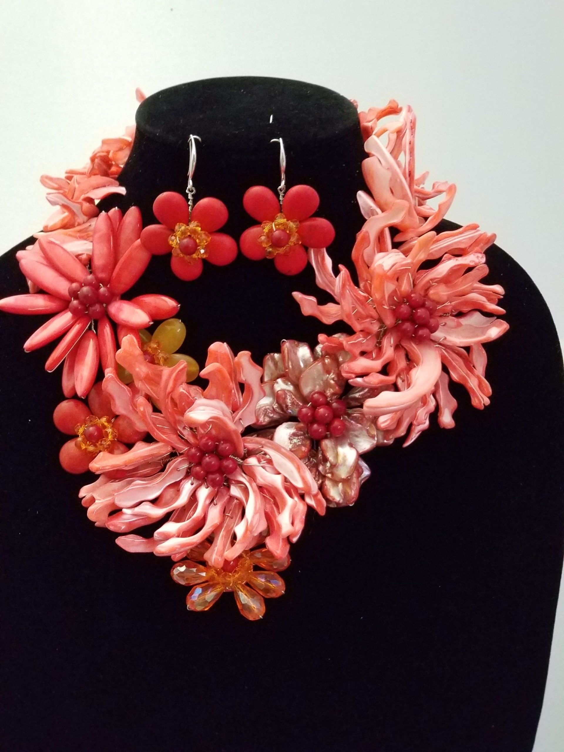 Watermelon Red Shell Flower Statement Party Set - Theresa Exotic Apparel