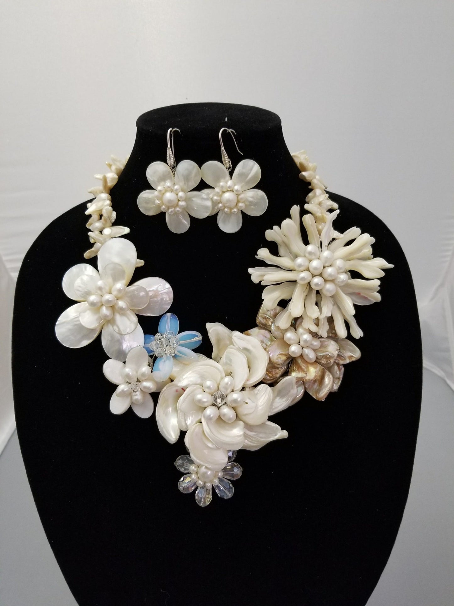 Beautiful White Freshwater Pearl Flower Statement Party Set