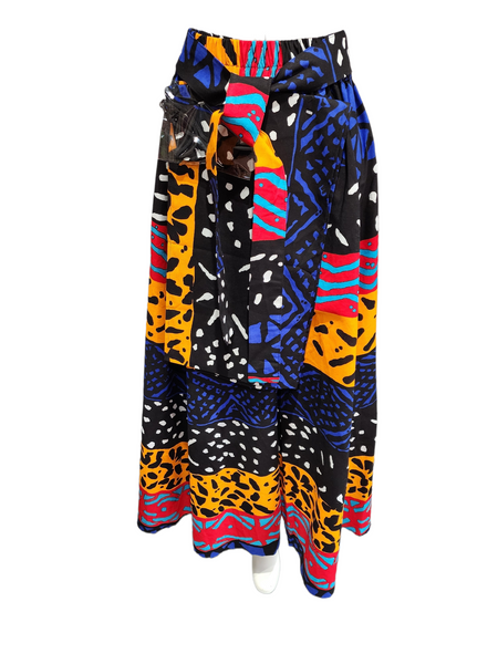 Ladies African Multi-color Print Long Skirt with pockets and scarf