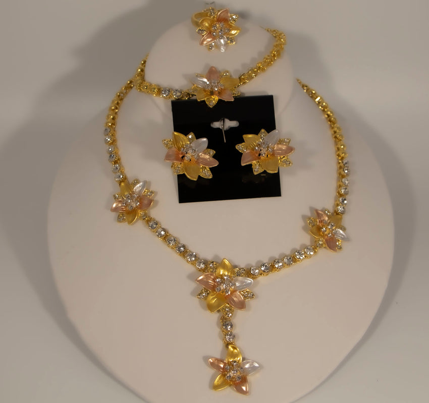Gold Rose Petals High End Necklace, Earrings and Bracelet Set