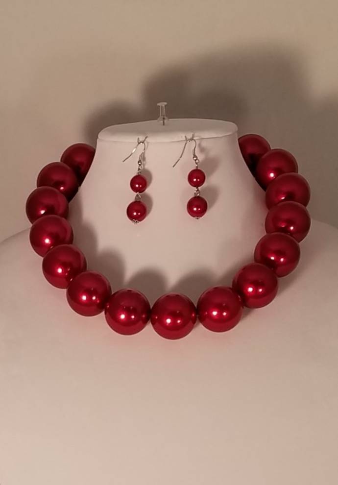 2 Pcs. Big Red Pearl Necklace Set