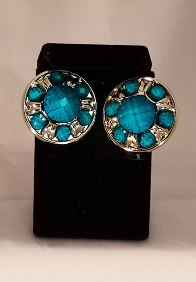 Big Round Silver And Blue Clip-On Earring