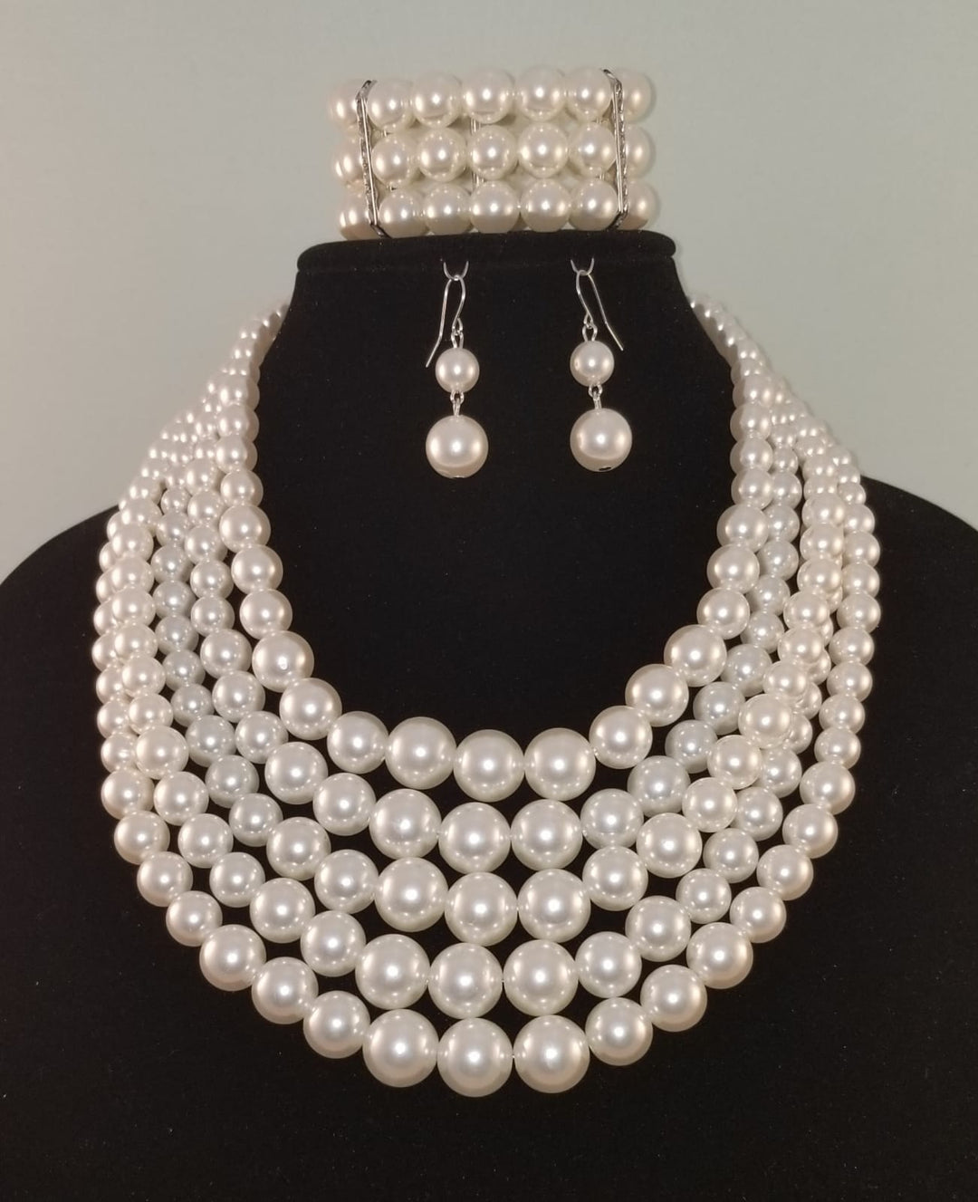 3 pc Five Layer White Pearl Necklace Set