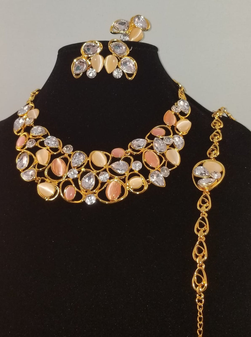 4 pc Gold Plated Diamond and Pearl Necklace Set