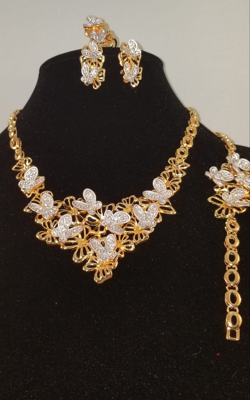 Beautiful 4 pc Gold Plated Diamond Butterfly Necklace Set - Theresa Exotic Apparel