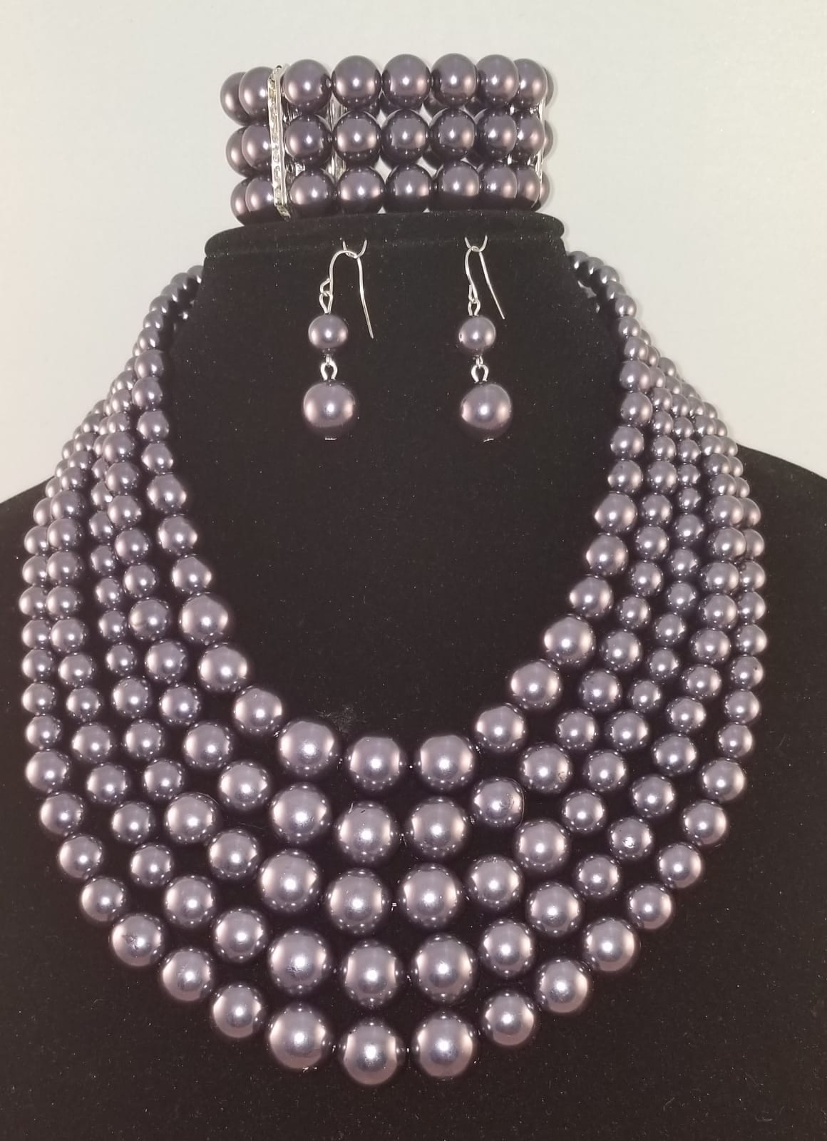 3 pc Five Layer Silver Pearl Necklace Set - Theresa Exotic Apparel