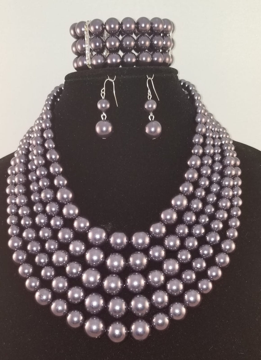 3 pc Five Layer Silver Pearl Necklace Set