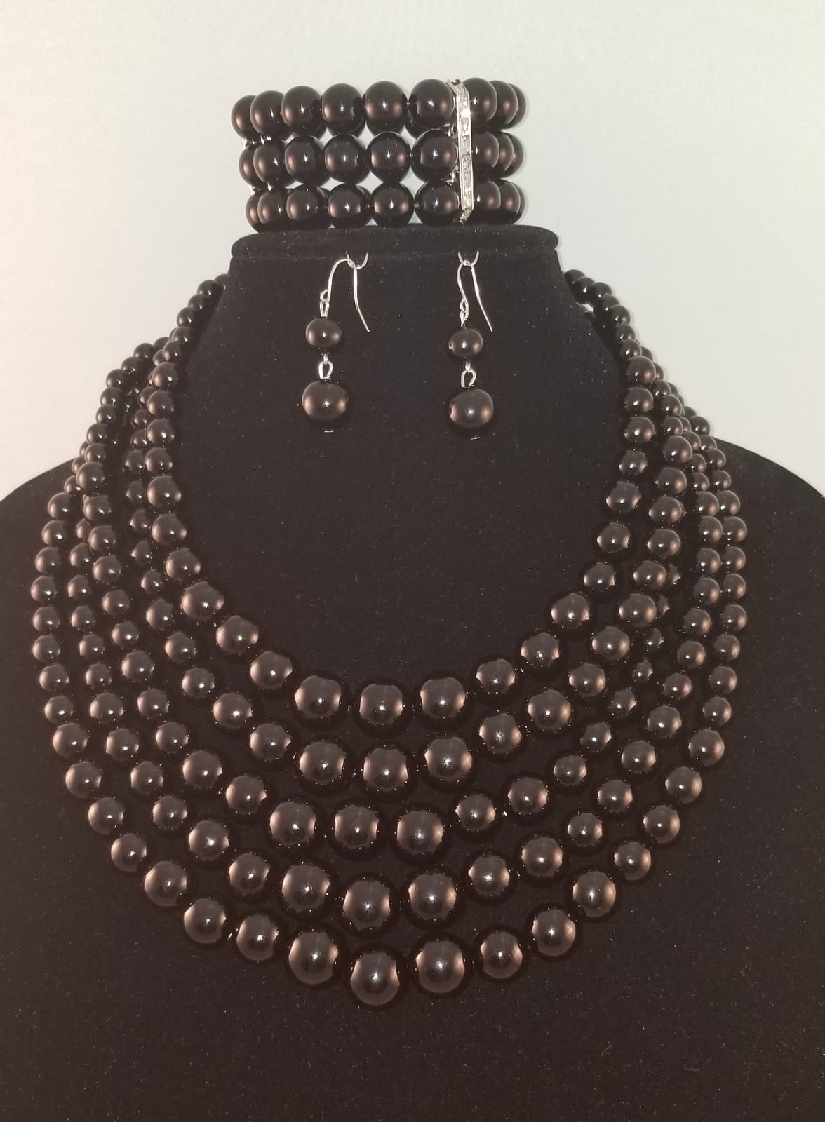 3 pc Five Layer Black Pearl Necklace Set - Theresa Exotic Apparel