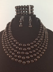 3 pc Five Layer Black Pearl Necklace Set