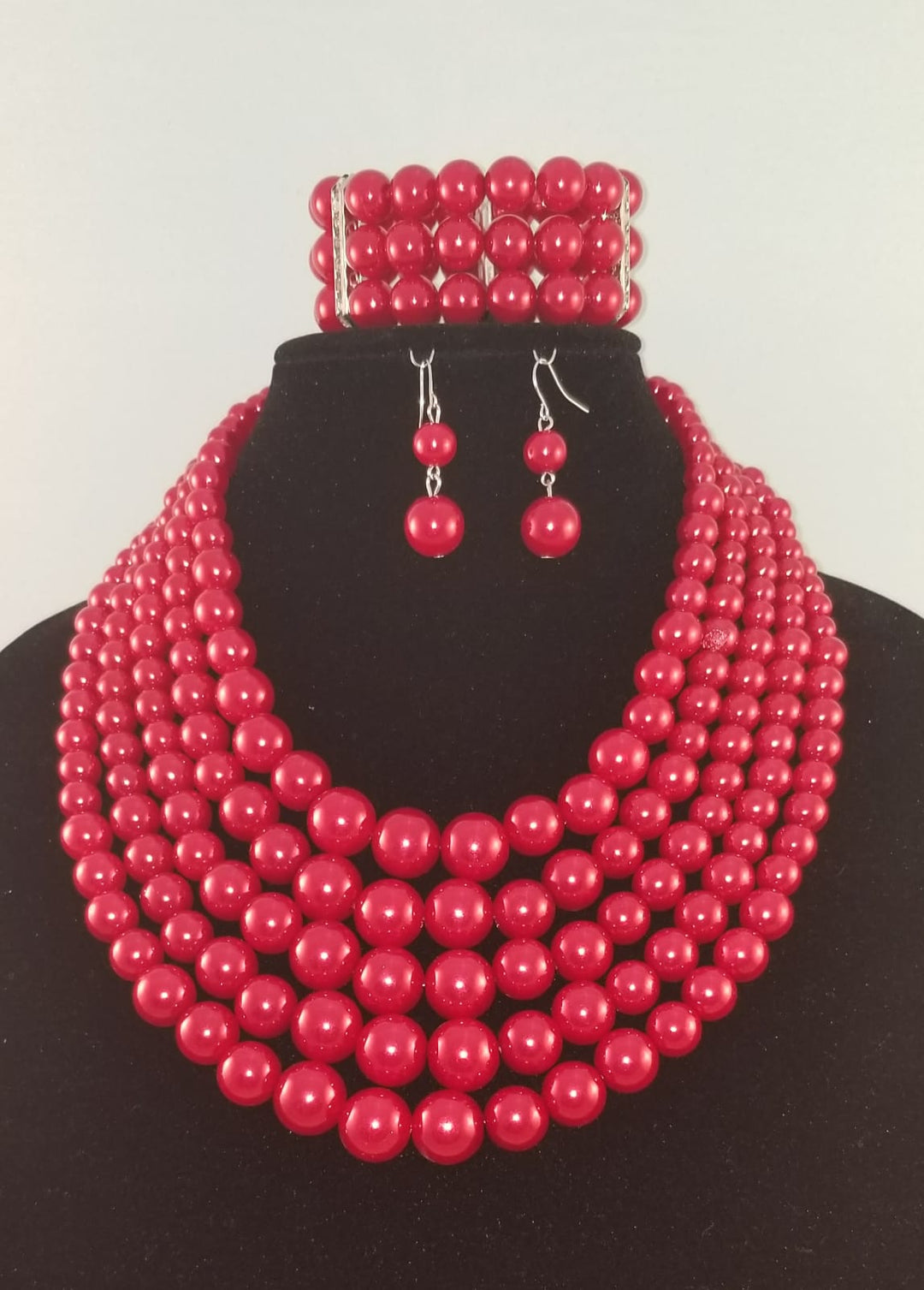 3 pc Five Layer Red Pearl Necklace Set