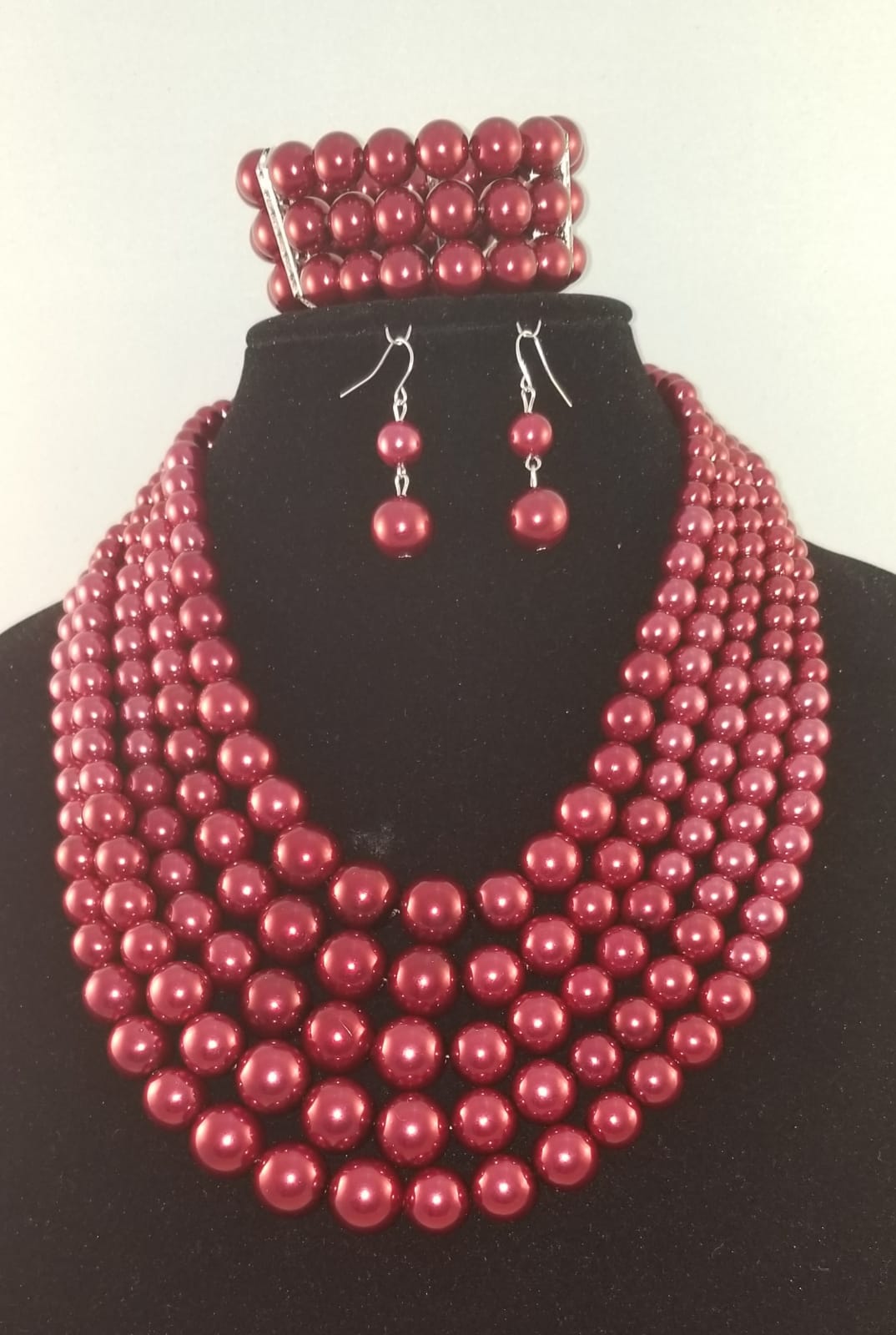 3 pc Five Layer Dark Red Pearl Necklace Set