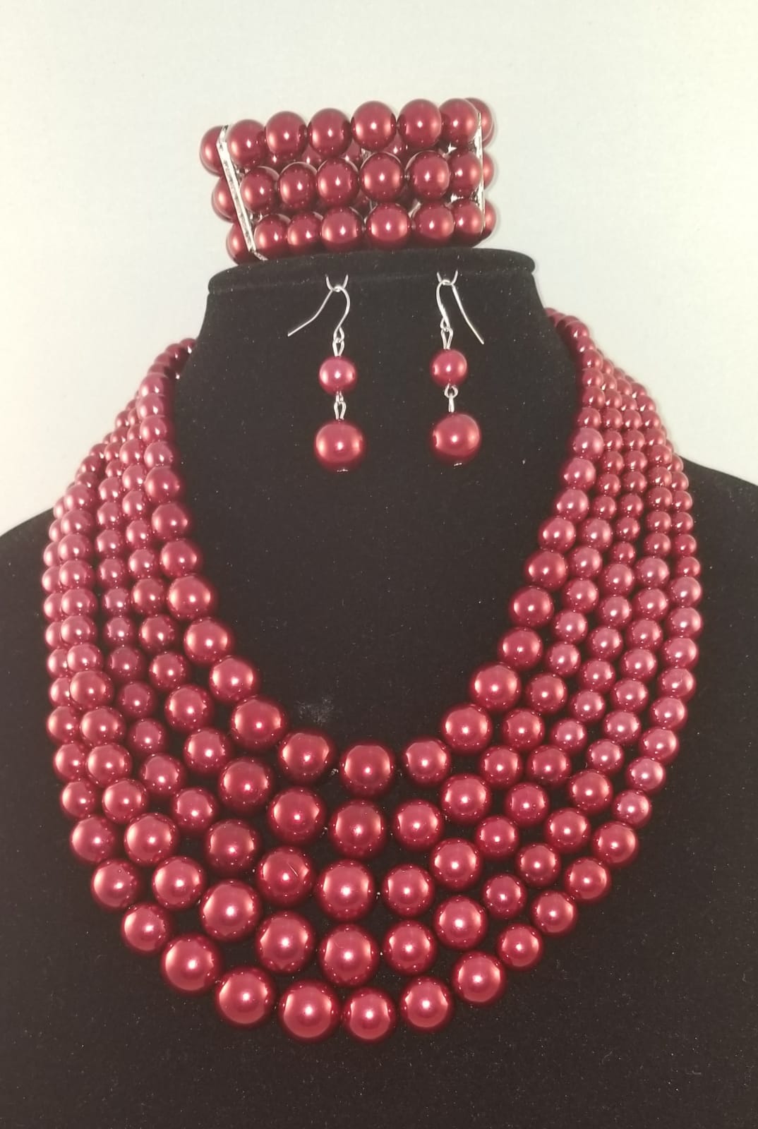 3 pc Five Layer Dark Red Pearl Necklace Set - Theresa Exotic Apparel