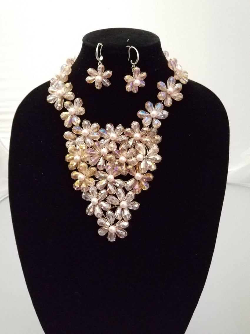 Multi Layer Pink Series Crystal & Round Sea Shell Pearl Flower Set