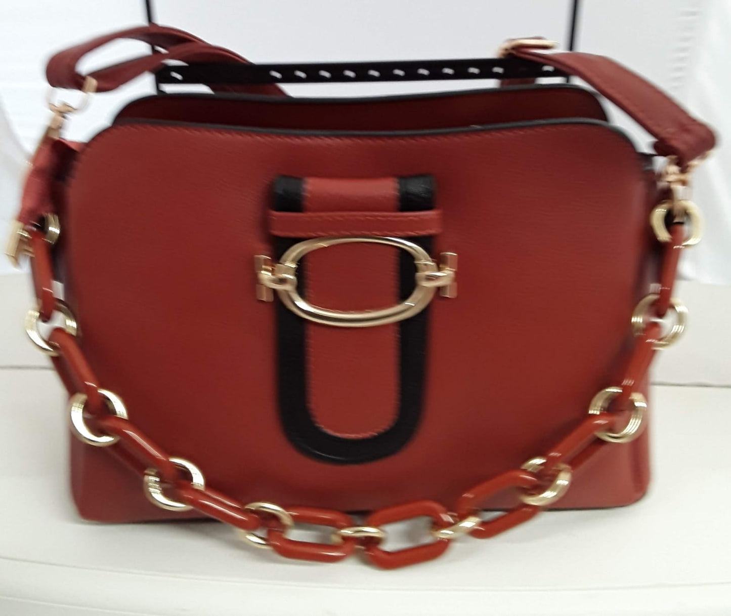 Lovely Firebrick Hand Bag with Chain Link Strap