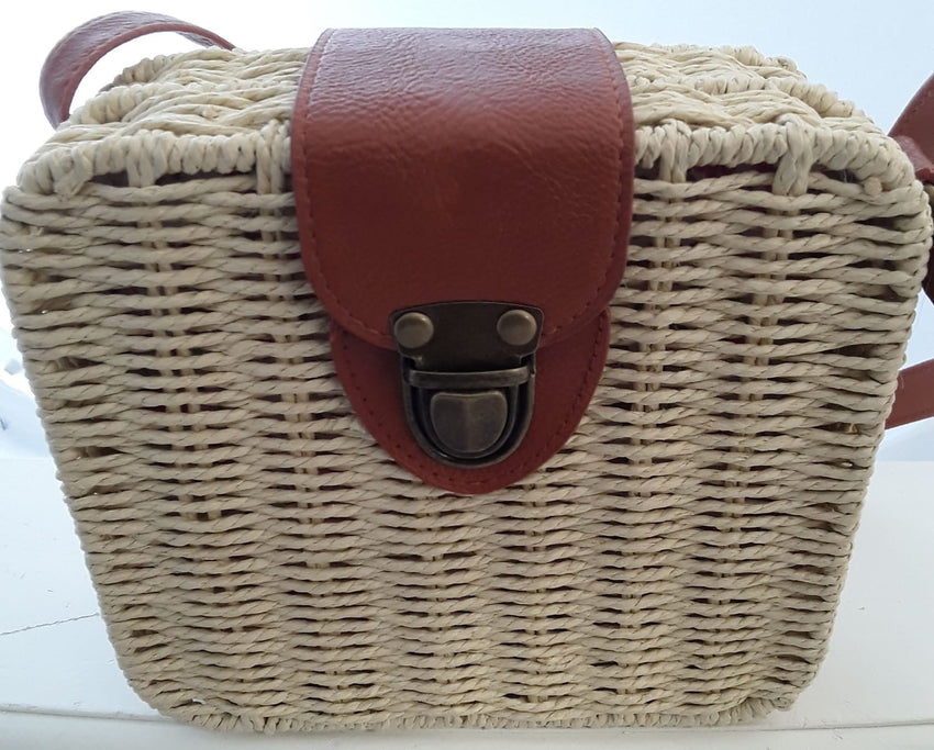 Ivory Straw Hand Bag with Leather Straps