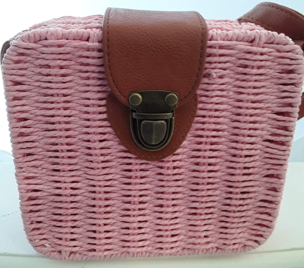 Hot Pink Straw Hand Bag with Leather Straps
