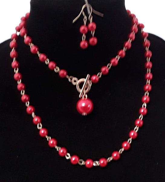 Single String Red Pearl Necklace Set