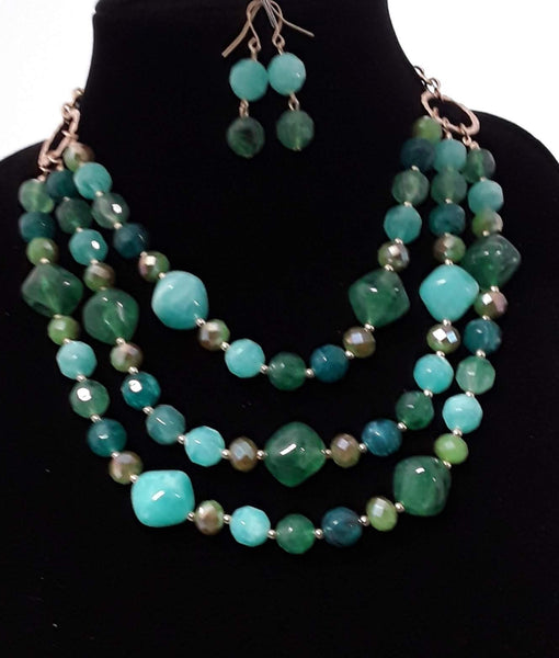 2 pc Green Triple Layer Beaded Necklace Set