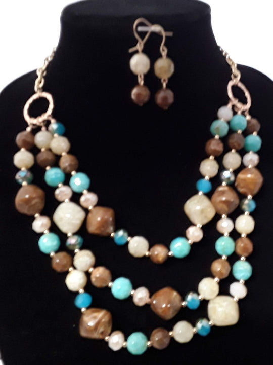 2 pc Beige Triple Layer Beaded Necklace Set