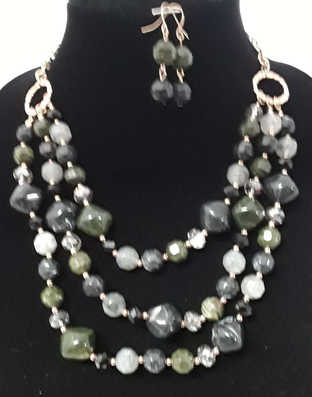 2 pc Dark Green Triple Layer Beaded Necklace Set