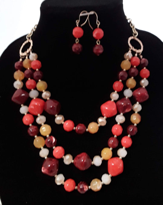 2 pc Beige Triple Layer Beaded Necklace Set