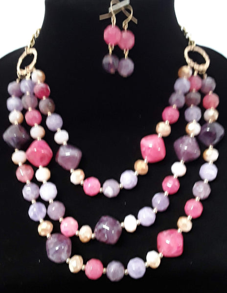 2 pc Pink Triple Layer Beaded Necklace Set