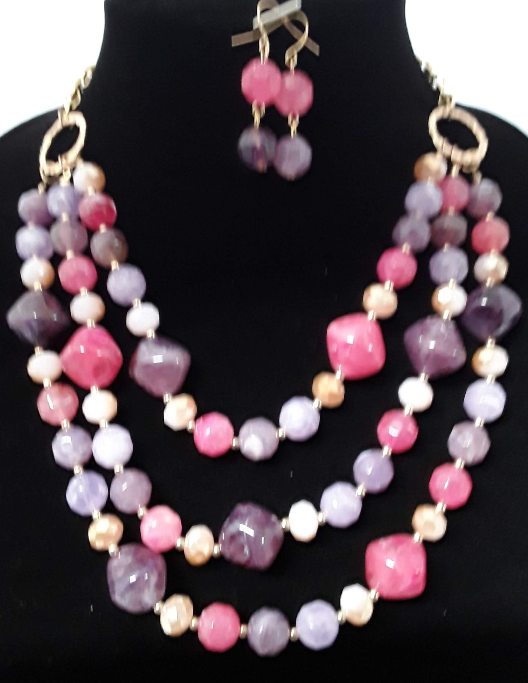 2 pc Red Triple Layer Beaded Necklace Set