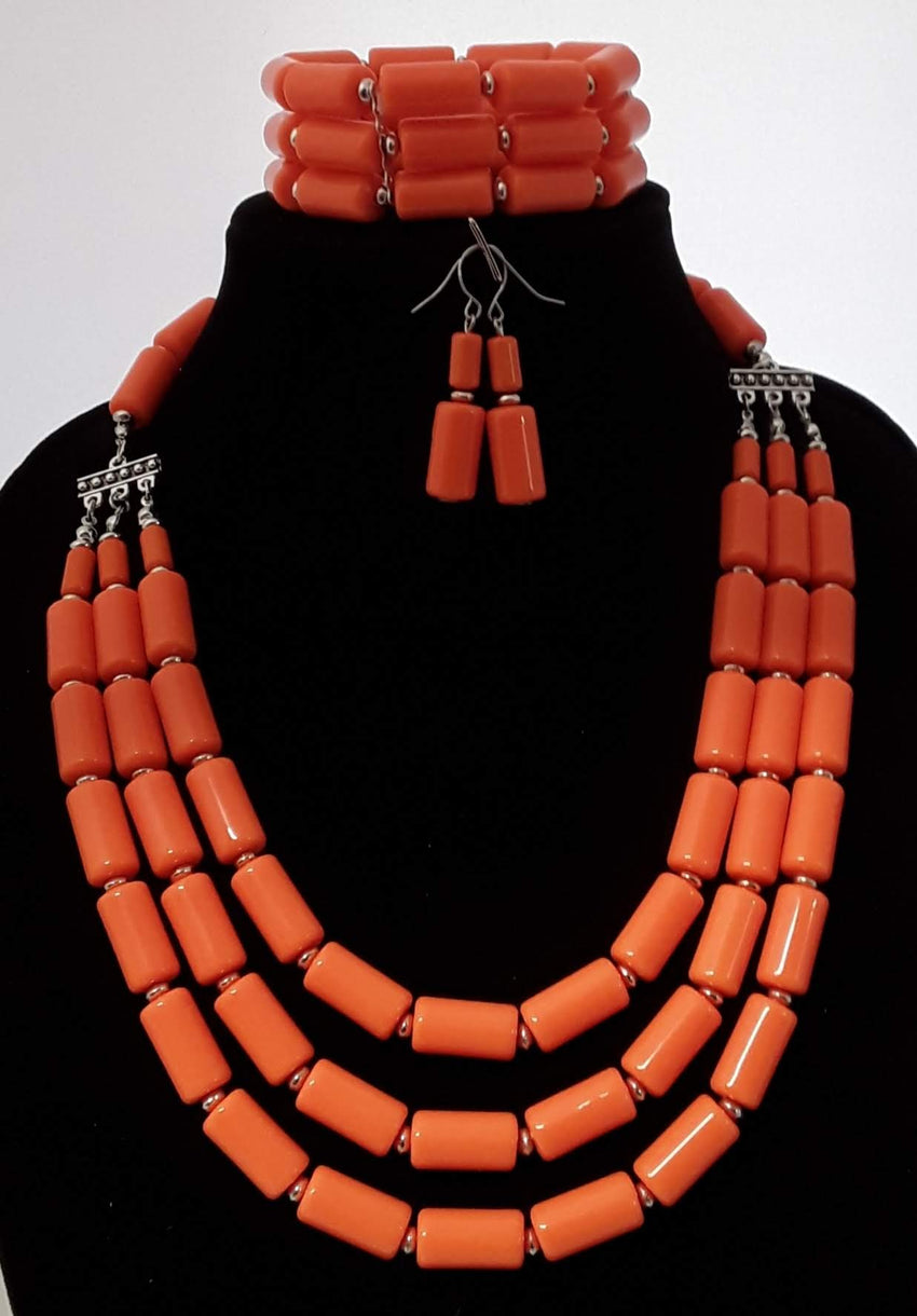 Beautiful Orange 3 pc Beaded Necklace Set