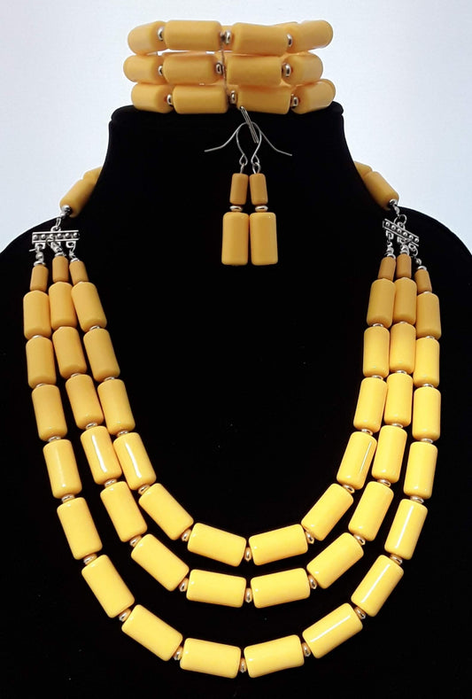 Beautiful Yellow 3 pc Beaded Necklace Set