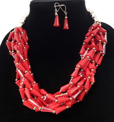 Elegant 2 pc Red Chunky Beaded Necklace Set