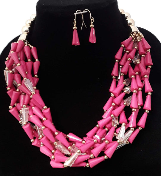 Elegant 2 pc Pink Chunky Beaded Necklace Set