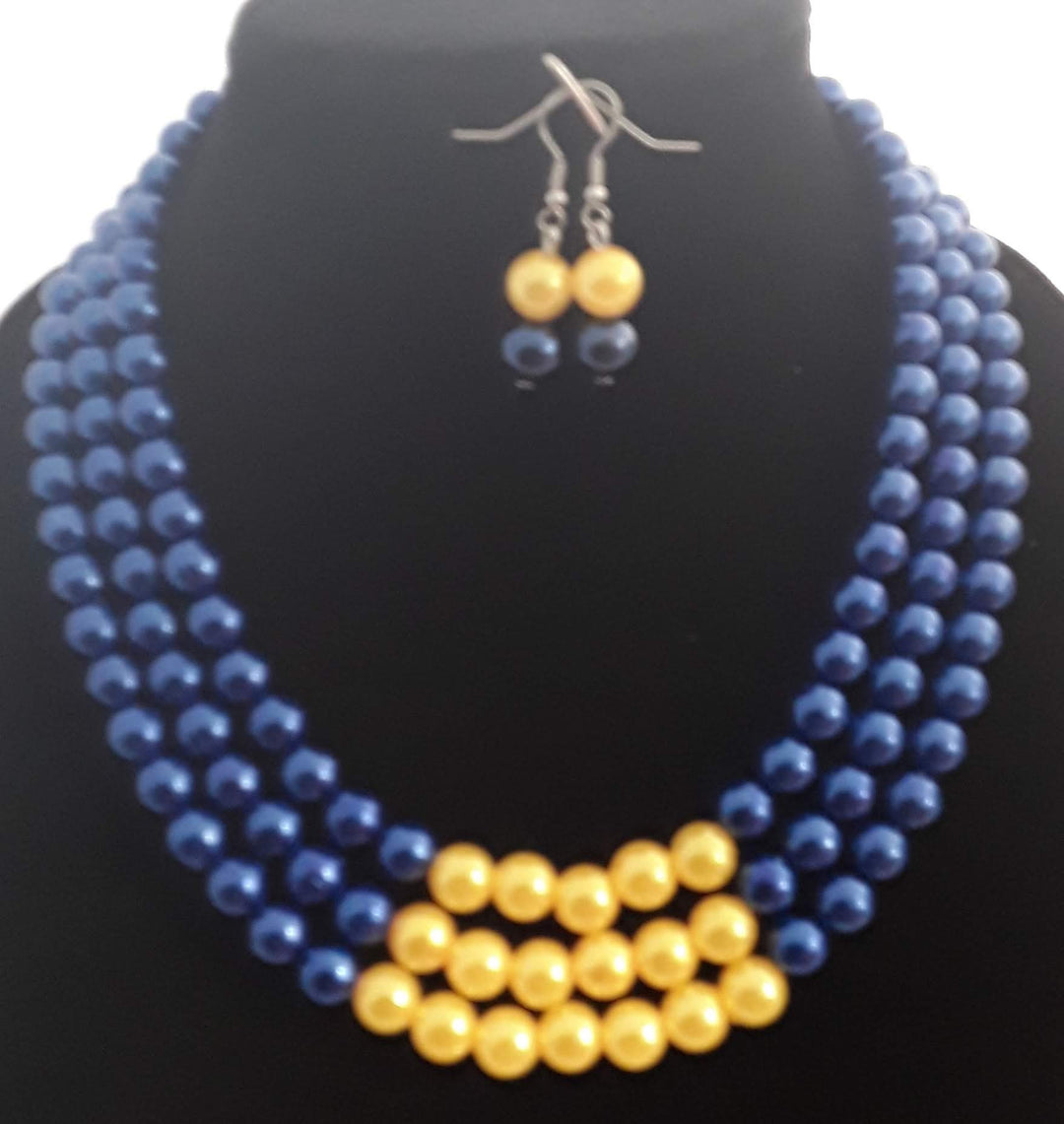 Classy 2 pc Blue/Yellow Triple Layered Sorority Pearl Necklace Set