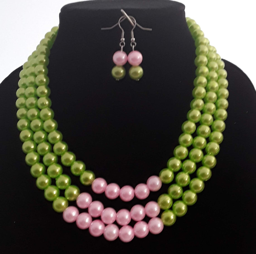 Classy 2 pc Pink/Green Triple Layered Sorority Pearl Necklace Set