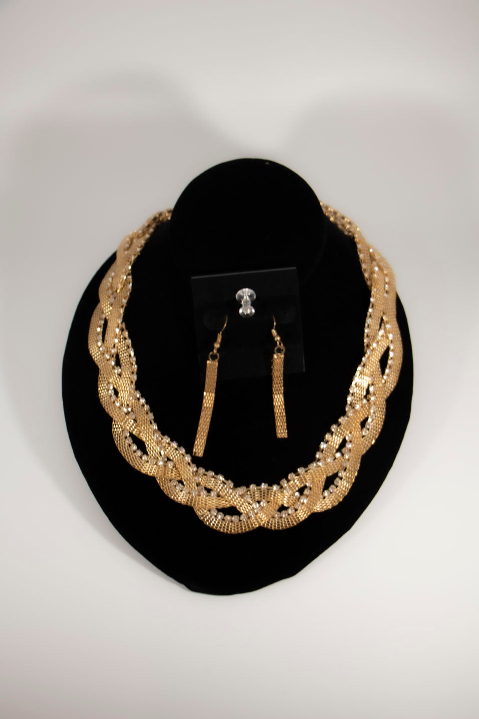 Diamond/Gold Braided High End Necklace and Earrings Set
