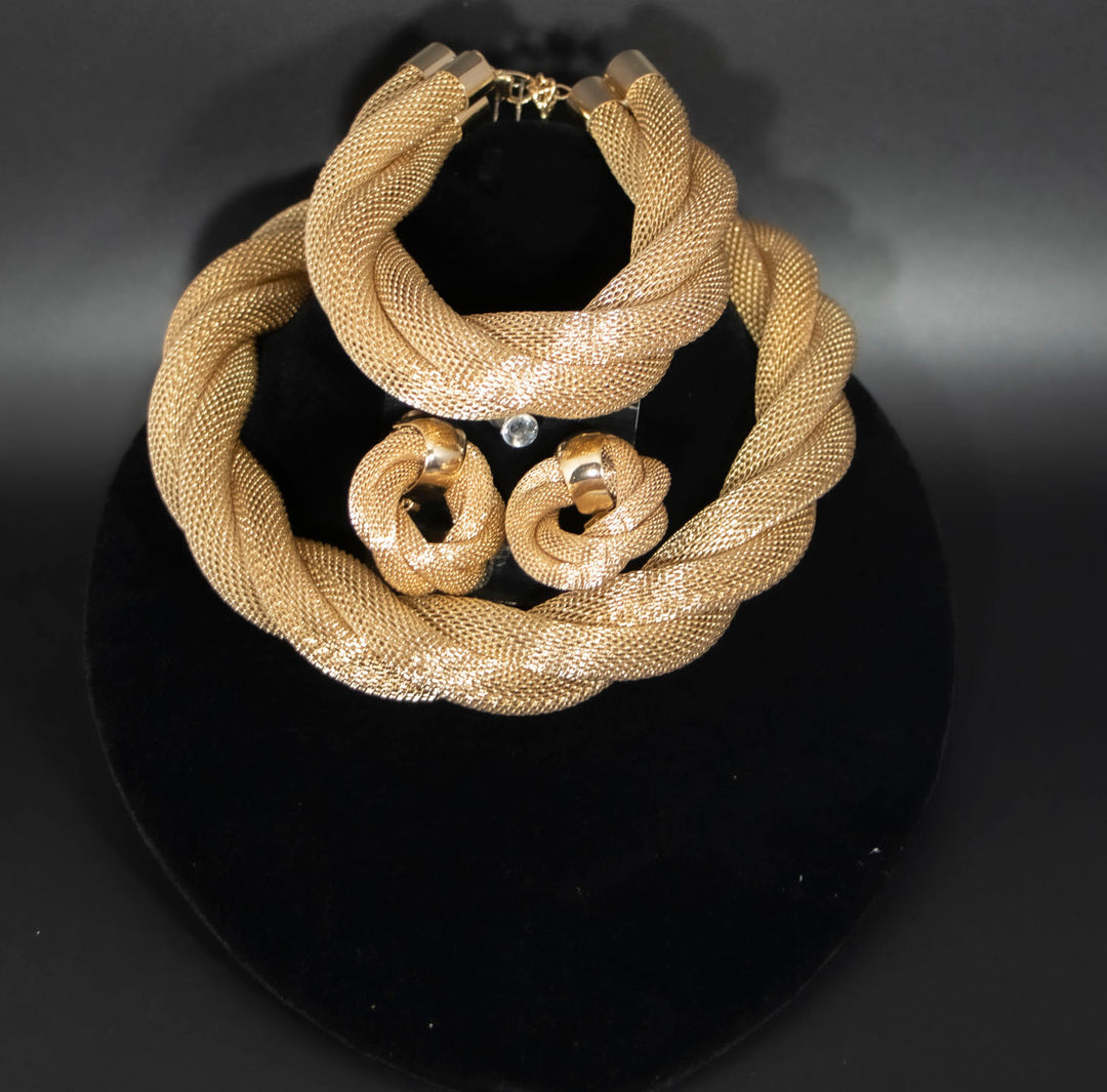 Gold Rope Twist High End Necklace, Earrings and Bracelet Set