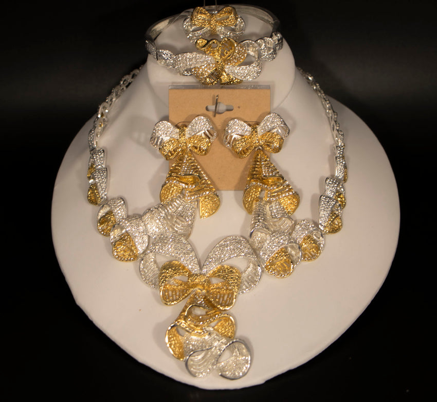 Gold/ Silver Ribbons High End Necklace, Earrings and Bracelet Set