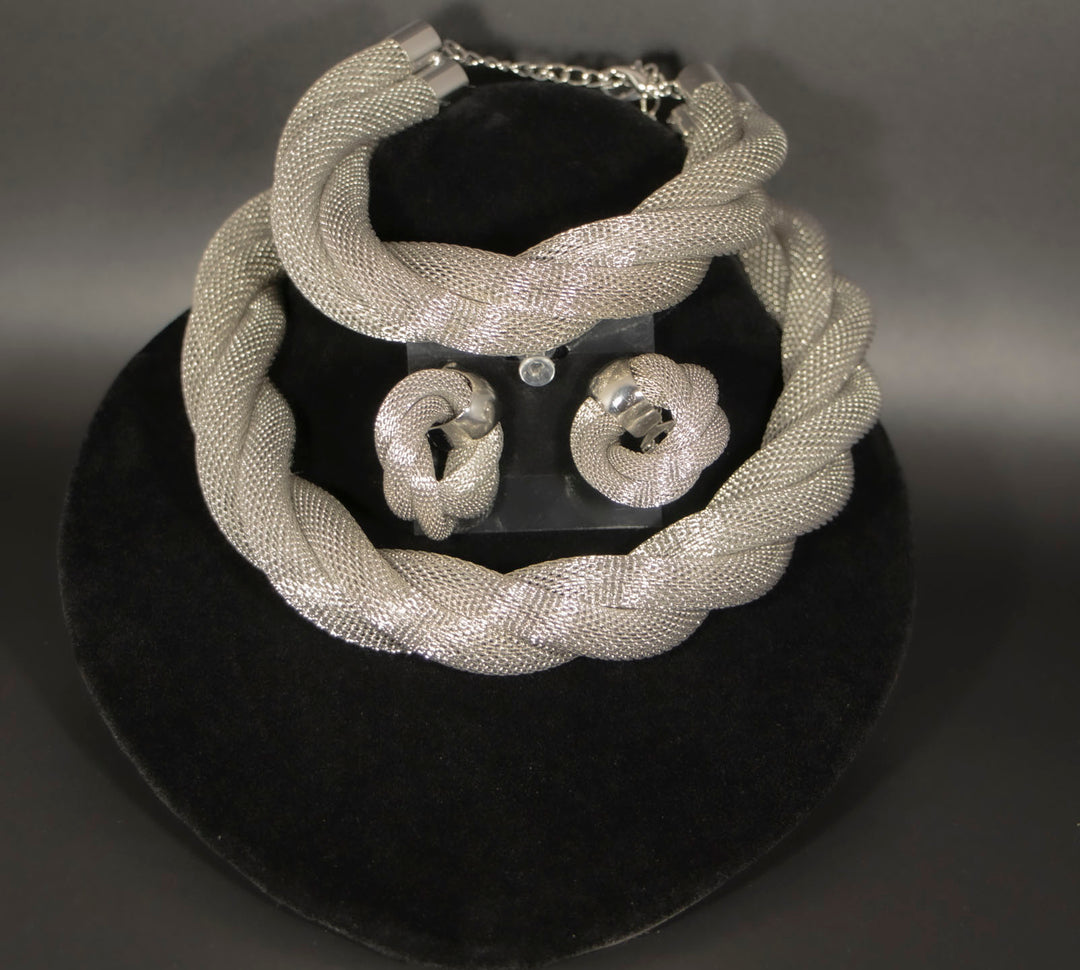 Silver Rope Twist High End Necklace, Earrings and Bracelet Set