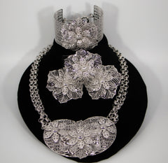 Silver Lotus High End Necklace, Earrings and Bracelet Set