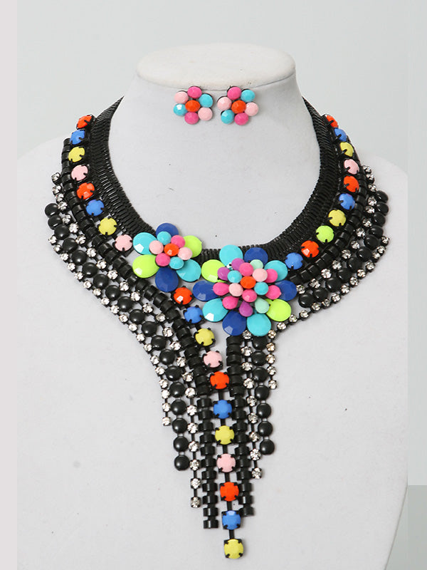 2 Pcs. Black Crystal and Multi-Color Necklace Set