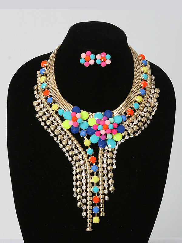 2 Pcs. Big And Bold Gold Plated Multi-Color Beaded Necklace Set