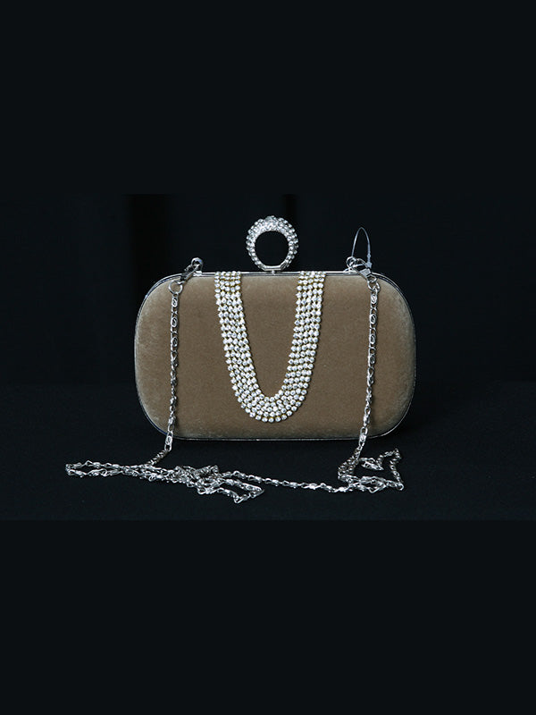 Beige and Silver Clutch with Rhinestones - Theresa Exotic Apparel